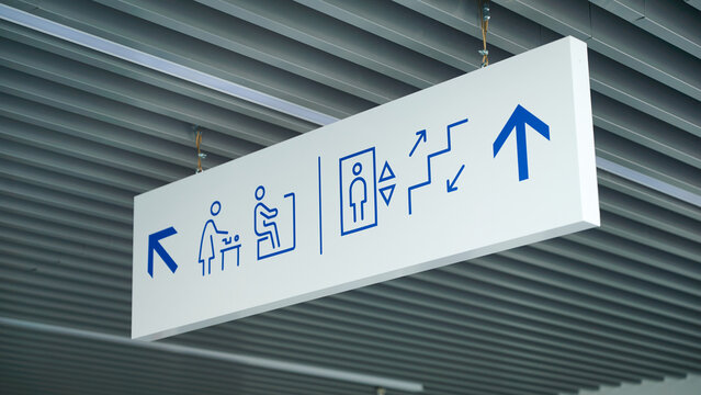 Directional sign with icons for restroom, elevator, stairs, and exit