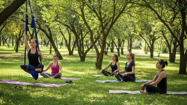 Group of people practicing aerial yoga in a lush green park setting