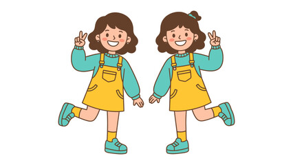 Two Little Girls Posing: Two cute little girls in yellow overalls are striking a pose, each holding up a peace sign with a cheerful smile, symbolizing friendship and joy.
