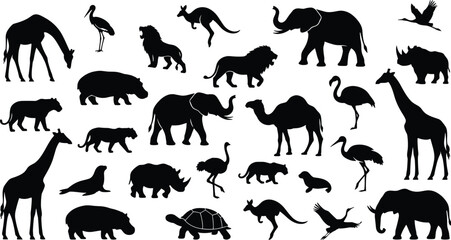 Obraz premium Wild safari animals silhouette set with giraffe elephant lion kangaroo rhino hippo and exotic birds icons collection in vector style