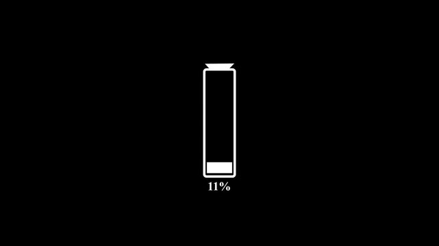 White Battery charge low warning concept.  Loading 0 to 13 percent complete of a low battery icon. Black background 4k video. 