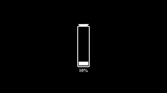 White Battery charge low warning concept.  Loading 0 to 12 percent complete of a low battery icon. Black background 4k video. 