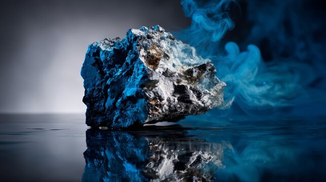 Textured Mineral Rock with Blue Smoke in Dramatic Lighting