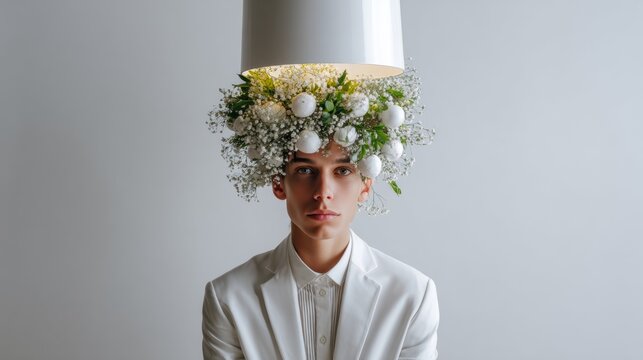 Conceptual Portrait with Floral Headpiece and Minimal Styling