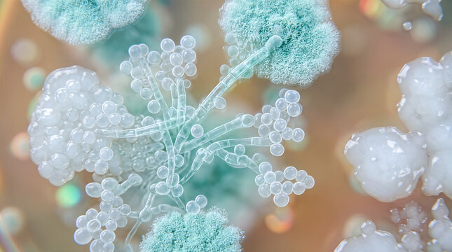 Microscopic view showing growing mold spores featuring branching fungi structures and fuzzy green textures spreading rapidly across contaminated organic biological surface area