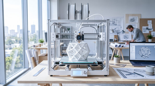 Advanced desktop three dimensional printer creating complex white geometric prototype sitting on wooden desk beside laptop displaying digital model inside bright architectural studio