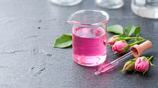 Laboratory measuring cup holding bright magenta fluid near plastic pipette and small pink flower heads positioned over dark rough granite surface top