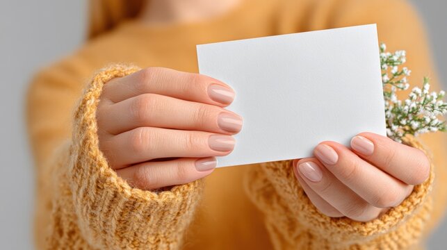 Hand holding a blank card mockup for flyer and branding presentation, invitation layout, marketing collateral preview, close-up stationery showcase for designers and small business promotion