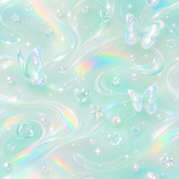 Mint holographic seamless pattern with butterflies and rainbows