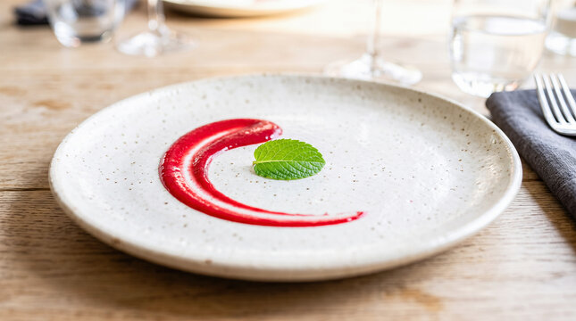 Empty textured white ceramic dining plate decorated with single curved swipe of bright red berry puree garnished with small green mint leaf
