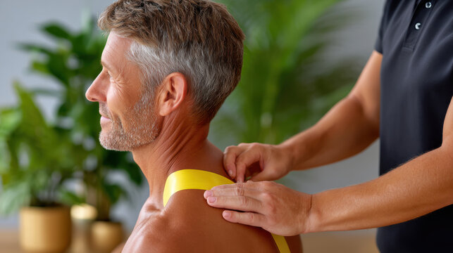 Closeup of kinesiology tape placement on male shoulder by therapist in modern clinic for injury support, rehabilitation visuals, educational treatment demonstration and physiotherapy marketing