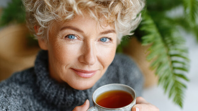 Closeup elderly woman holding cup of tea for senior wellness feature and cozy lifestyle healthcare article showcasing warm smile and relaxed moment