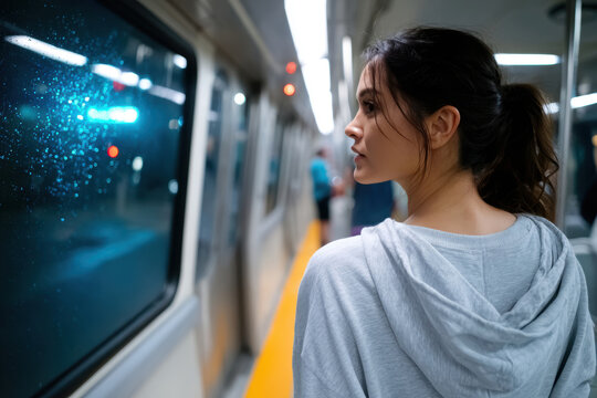 Young adult standing near a metro window looking out at the station for commuter lifestyle portrait and urban travel background with contemplative mood