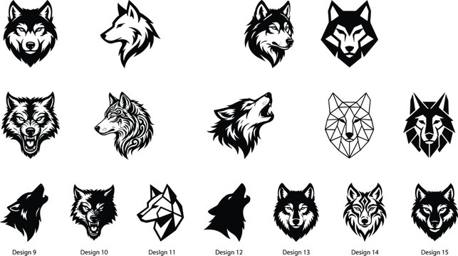 Wolf head mascot logo set with geometric tribal and realistic howling predators icons collection in black stencil vector style