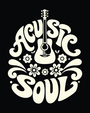 Acoustic Music Soul Design with Guitar and Flowers in Retro Style