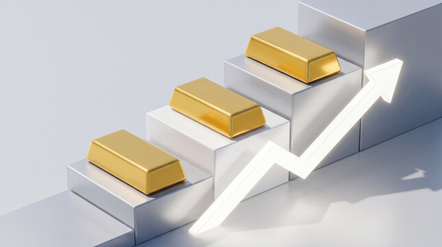 Three solid gold bullion bars resting atop ascending metallic grey steps featuring glowing white upward pointing arrow indicating financial market growth