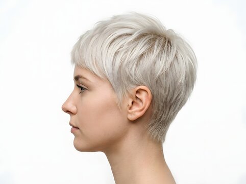 Young woman with modern silver pixie cut profile portrait