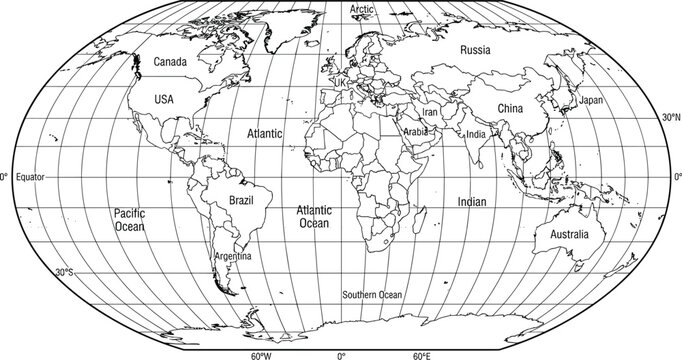 Minimalist world map outline with countries borders grid lines equator and oceans names in black and white vector style