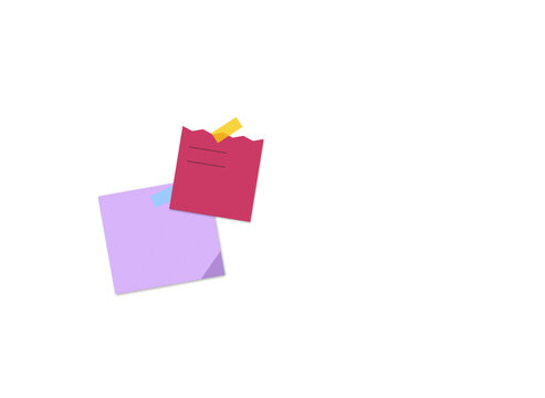 Minimalist composition of two sticky notes attached with tape on white background stickynotes stationery