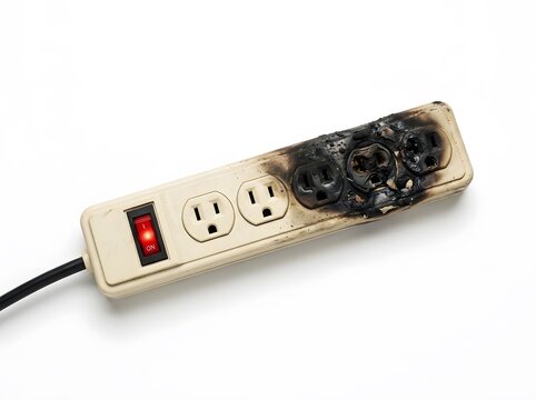 Damaged power strip with burnt outlets and red illuminated switch on white background