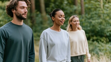 Naklejka premium Three people standing calmly in a forested area dressed in casual athletic wear appearing relaxed and content