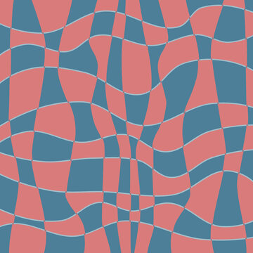 bstract wavy checkered pattern with red and blue distorted grid background
