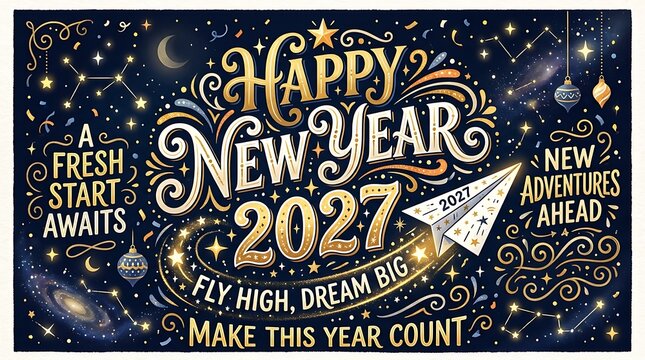 Happy new year 2027 vintage hand drawn lettering with inspirational quotes on starry space background.
