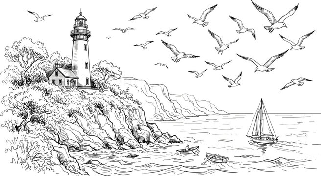 Scenic coastal landscape sketch with lighthouse on rocky cliff flying seagulls sailboat and ocean waves detailed hand drawn vector illustration