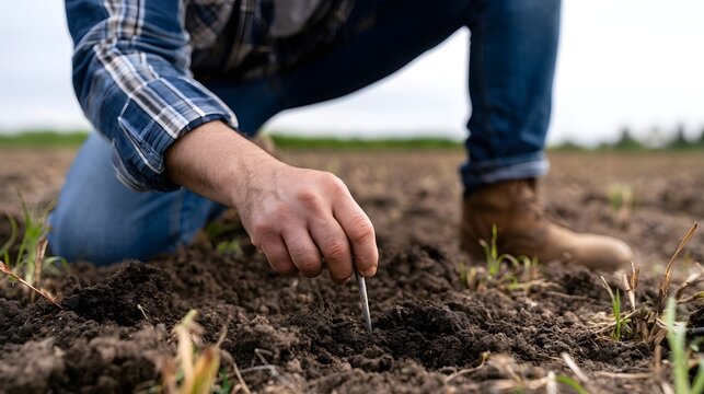 A person kneels in tilled soil holding a metal rod for testing or planting purposes in an open field under daylight