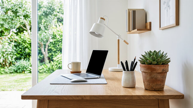 Open laptop displaying blank black screen resting upon wooden home office desk alongside coffee mug white lamp stationary and small potted succulent plant