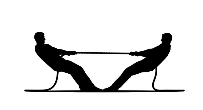 Silhouetted men competing in a tug of war match