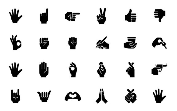 A collection of various hand gesture icons displayed in black and white for communication and expression purposes