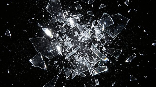 Sharp shards of broken glass exploding and flying outward against a pitch-black background.