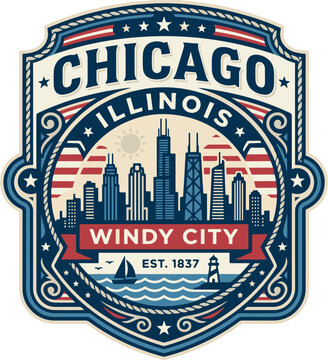 Retro Chicago emblem showcasing the city skyline and nautical motifs. Ideal for apparel and souvenir designs.