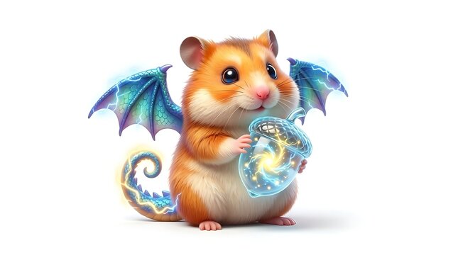 Hamster with dragon wings holding a glowing magic acorn