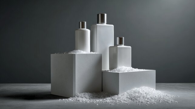 White Cosmetic Bottles Displayed on Minimal Pedestals