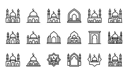 Fototapeta premium Islamic Mosque Thin Line Icon Set Outline Religion Vector Collection