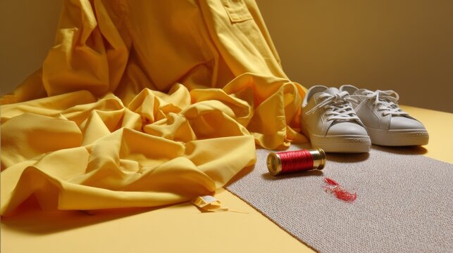 Yellow Fashion Still Life with Sneakers and Fabric