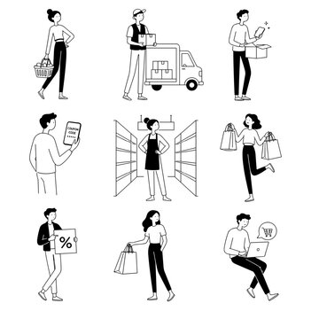 Black Friday concept with various shopping activities and characters  