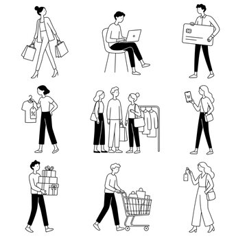 Black Friday illustration 9 pcs set, concept with various shopping activities