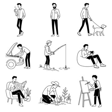 Men engaging in various activities such as fishing, gardening, and reading  