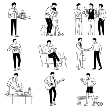 Multi-scene illustration of International Men's Day activities and roles  