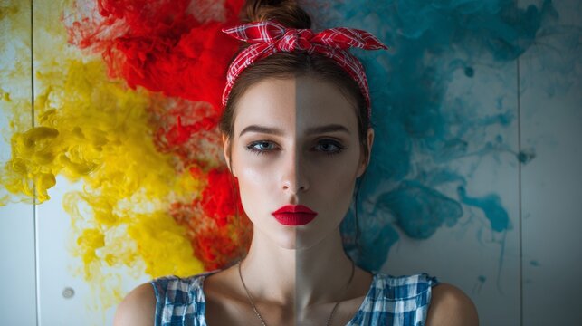 Creative Beauty Portrait with Colorful Powder Clouds