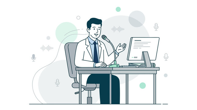 Doctor dictating radiology report into microphone at desk with computer and sound waves, modern illustration