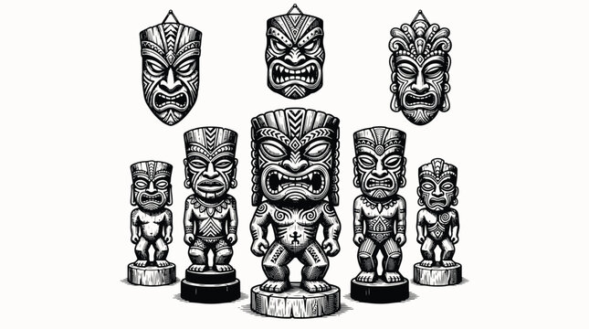 Collection of detailed Polynesian Tiki masks and statues in a black and white woodcut engraving style.