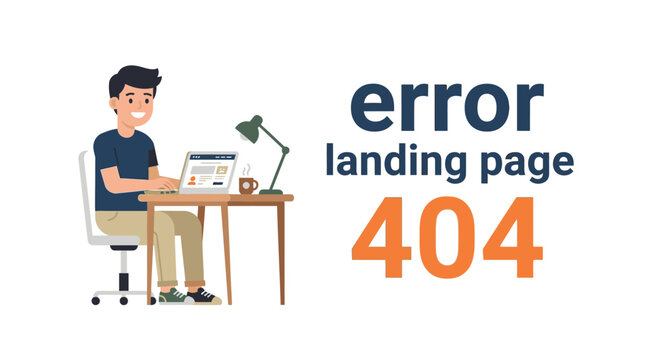 Flat art illustration of a 404 error page for web development, depicting a user with a laptop encountering a page not found message	