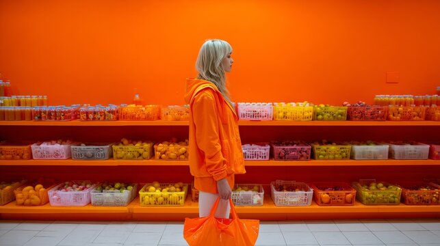 Woman Shopping in Vibrant Orange Grocery Store Aisle