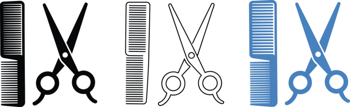 Scissors and Comb Icon Set featuring barber tools, hair styling, grooming, salon service, beauty care, crossed scissors and comb symbols in editable vector styles.