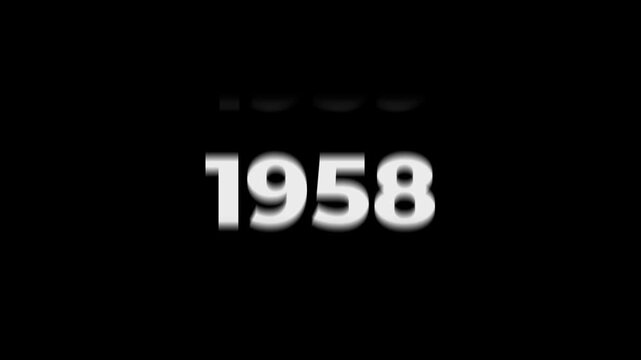 Reverse 75 year counter animation scrolling back from 2026 to 1951. White 3D text on black background. Going back in time flashback and history timeline motion graphics concept.