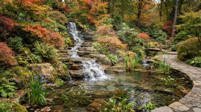 Small waterfall flowing through autumn forest